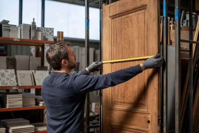 Particulier mesurant une porte d’occasion dans une ressourcerie de matériaux.