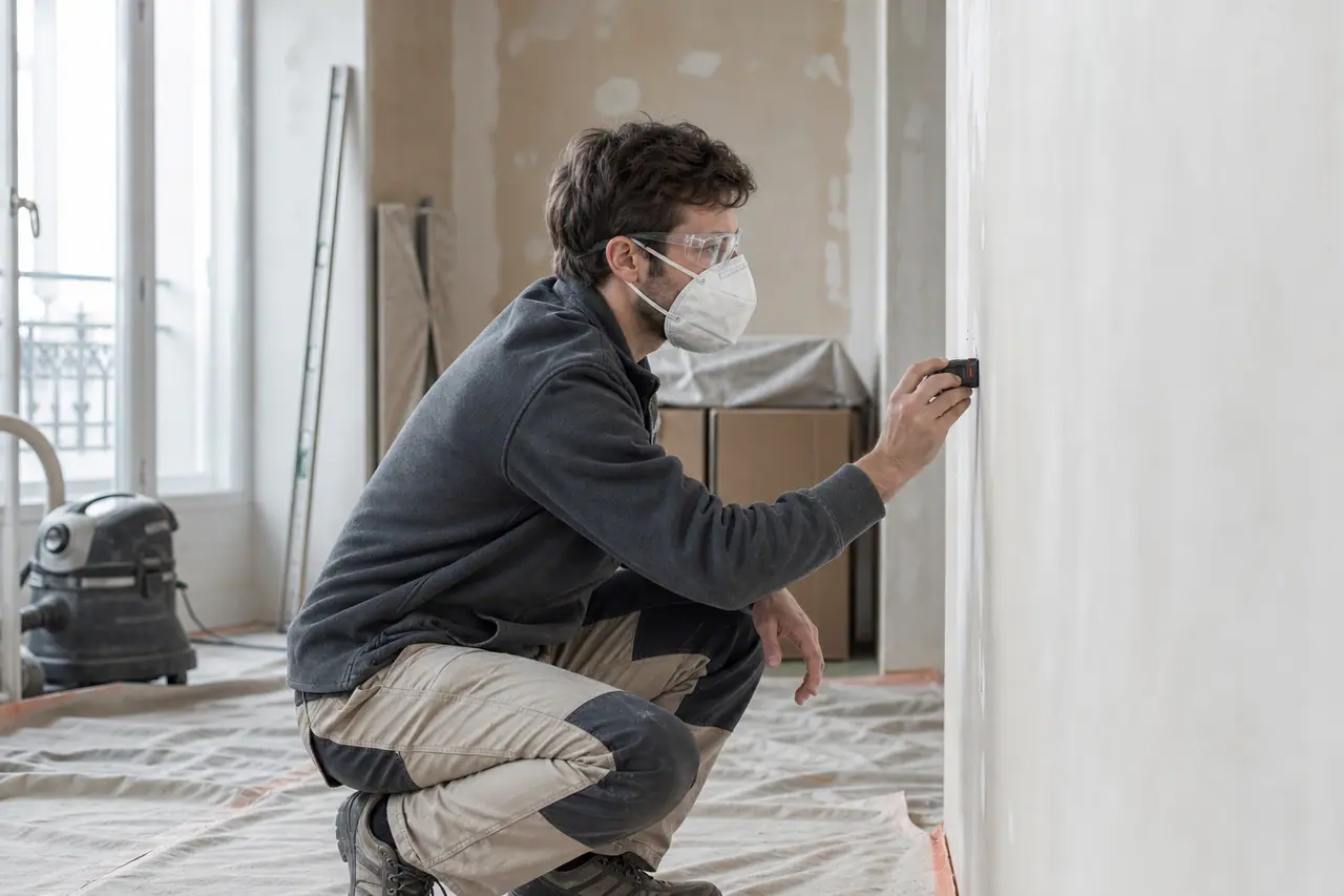 Bricoleur mesurant un mur préparé dans une pièce protégée avant rénovation.