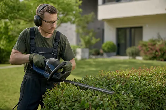 Jardinier équipé taillant une haie basse dans un jardin de maison.