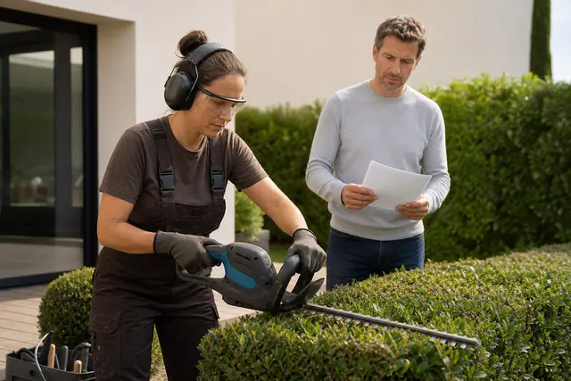 Jardinière équipée taillant une haie basse devant une maison individuelle.