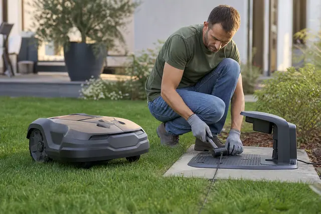 Installation soignée d'un robot tondeuse près de sa station dans un jardin.