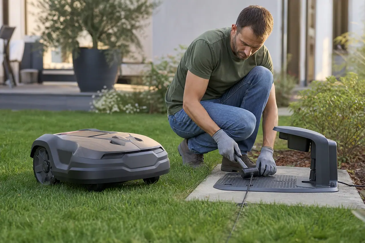 Installation soignée d'un robot tondeuse près de sa station dans un jardin.
