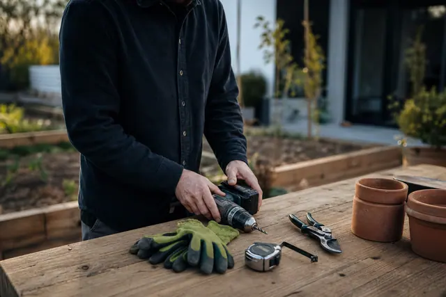 Particulier préparant ses outils de bricolage près d’un potager familial.