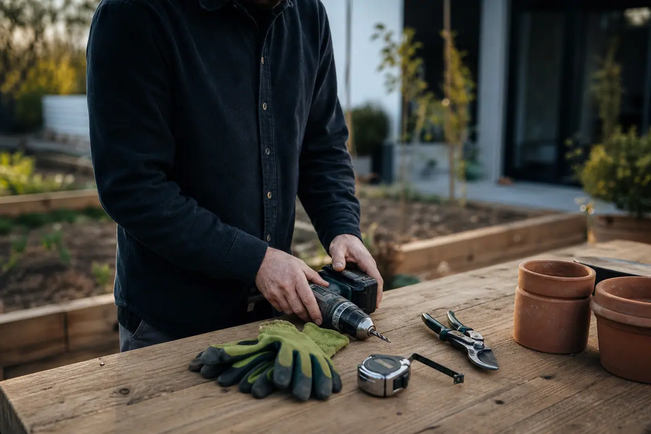 Particulier préparant ses outils de bricolage près d’un potager familial.