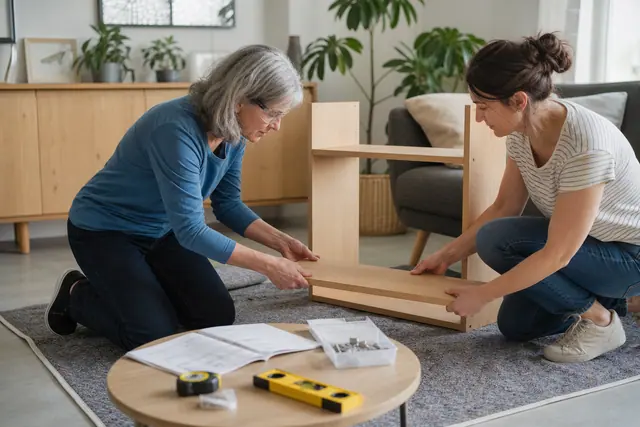 Retraitée et habitante préparant le montage d’une étagère dans un salon