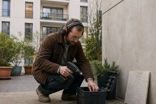 Bricoleur équipé rangeant sa perceuse dans une cour d’immeuble calme.