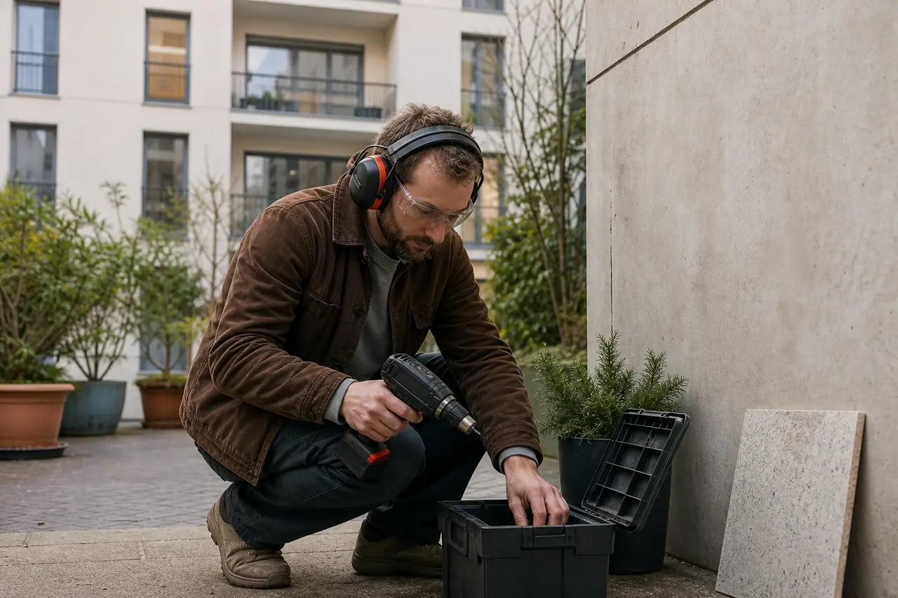 Bricoleur équipé rangeant sa perceuse dans une cour d’immeuble calme.