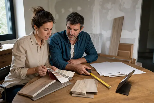 Couple comparant échantillons de sol et budget de rénovation dans leur maison