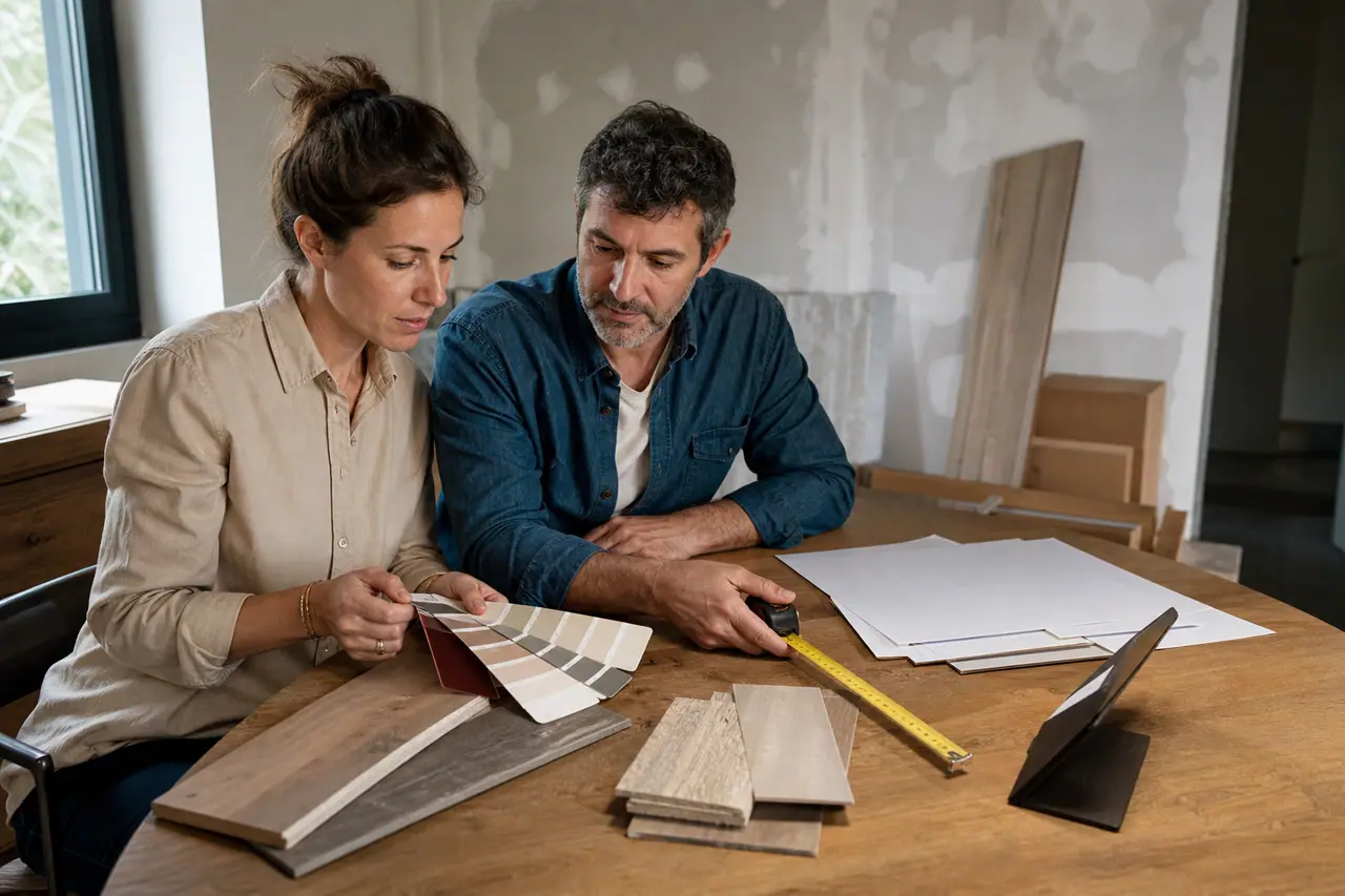 Couple comparant échantillons de sol et budget de rénovation dans leur maison