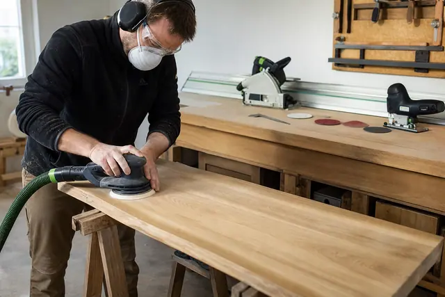 Bricoleur ponçant une tablette en chêne dans un atelier lumineux
