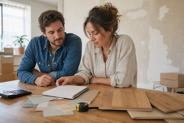 Couple préparant le budget de rénovation autour d’échantillons et d’outils
