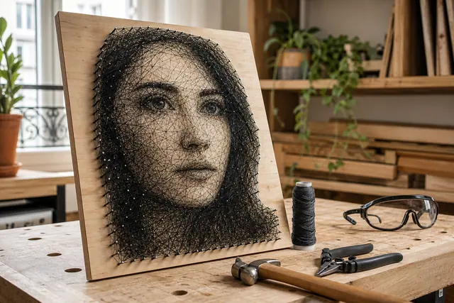 Tableau string art portrait posé sur un établi avant sa fixation murale