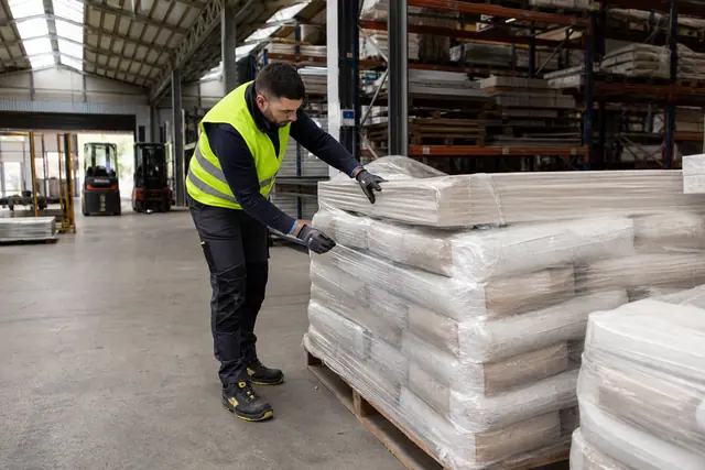 Préparateur contrôlant une palette de matériaux dans un entrepôt de bricolage.