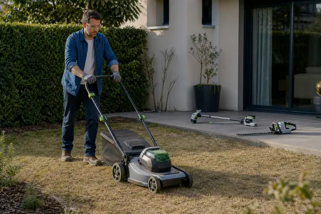 Jardinier équipé préparant une pelouse avec tondeuse sans fil près de haies.