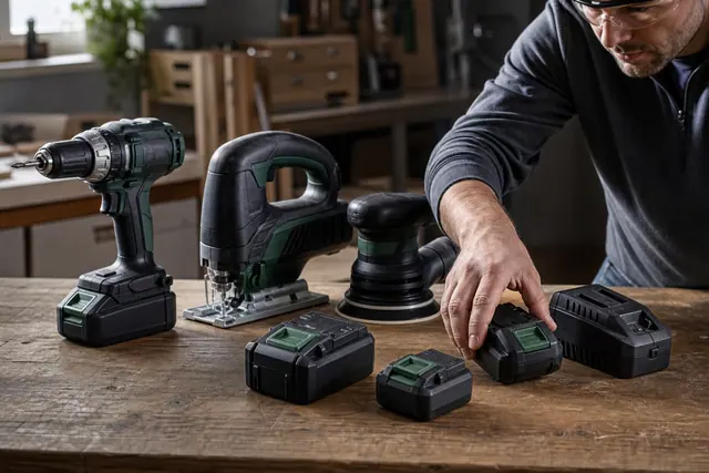Batteries et outils sans fil rangés sur un établi d’atelier domestique.