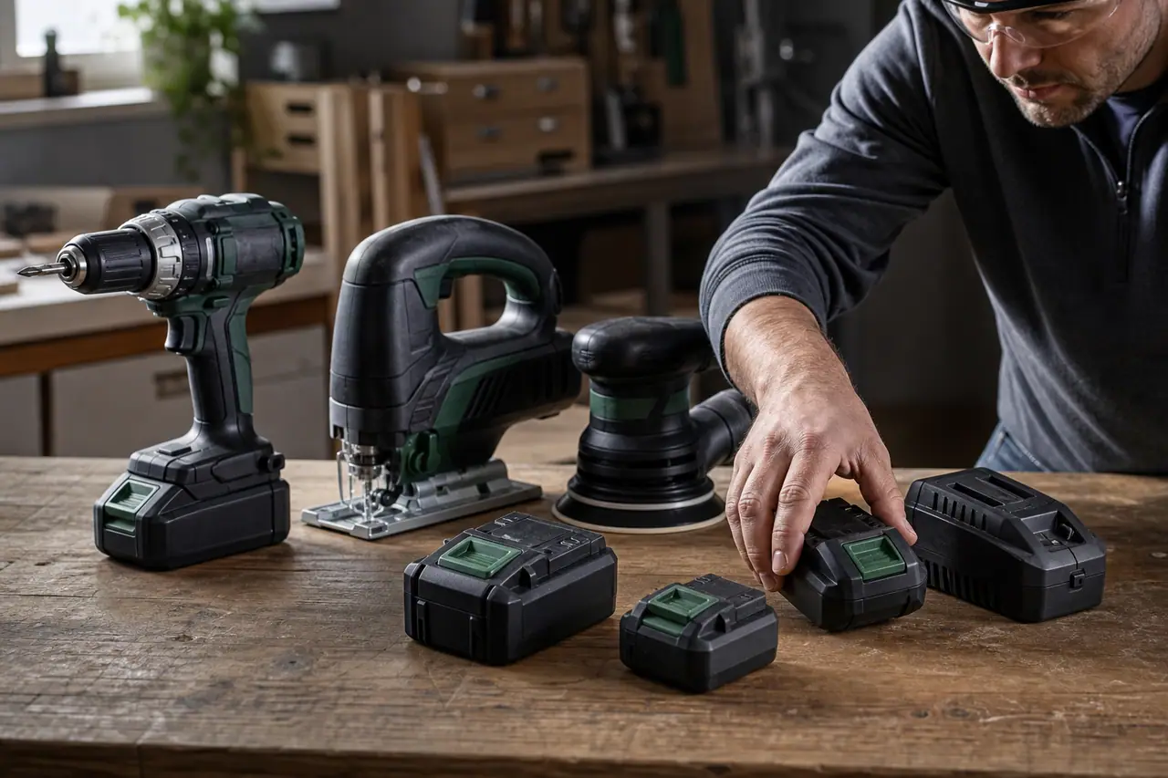 Batteries et outils sans fil rangés sur un établi d’atelier domestique.