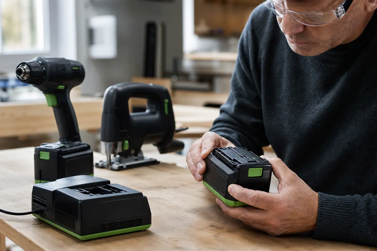 Batterie sans fil et trois outils rangés sur un établi d’atelier.