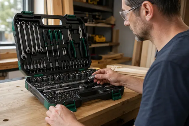 Bricoleur vérifiant douilles et embouts dans une mallette d’outils ouverte.