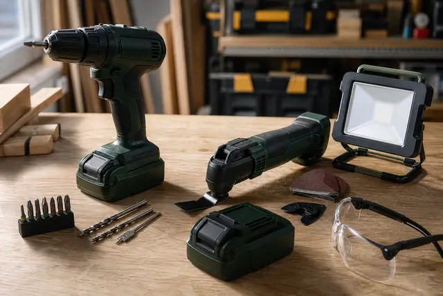 Trois outils sans fil et deux batteries disposés sur un établi en bois.