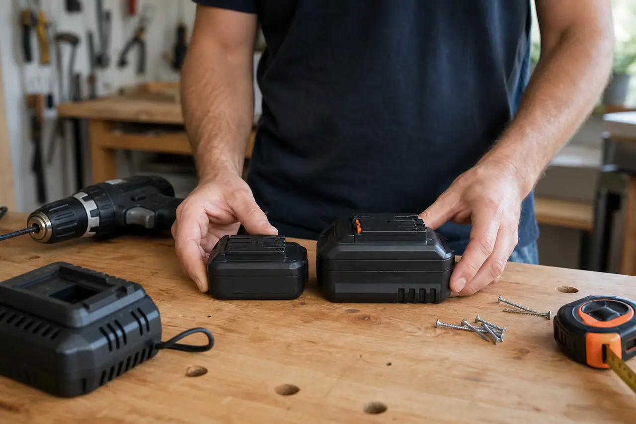 Deux batteries d’outillage sans fil comparées sur un établi en bois.