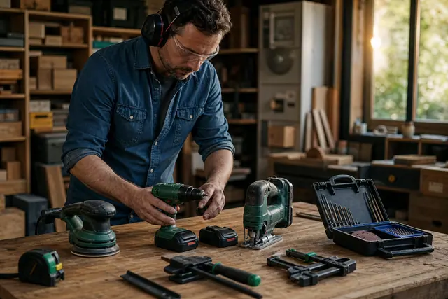 Outils de bricolage sans fil organisés sur un établi avec accessoires et protections.
