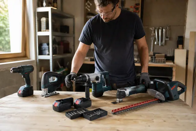 Outils de bricolage alignés sur un établi avec batteries et protections
