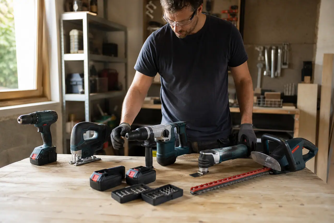 Outils de bricolage alignés sur un établi avec batteries et protections