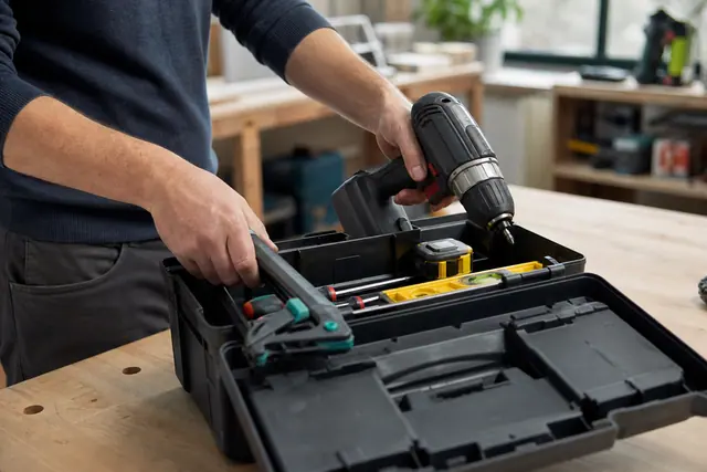 Outils essentiels rangés dans une caisse ouverte sur un établi en bois.