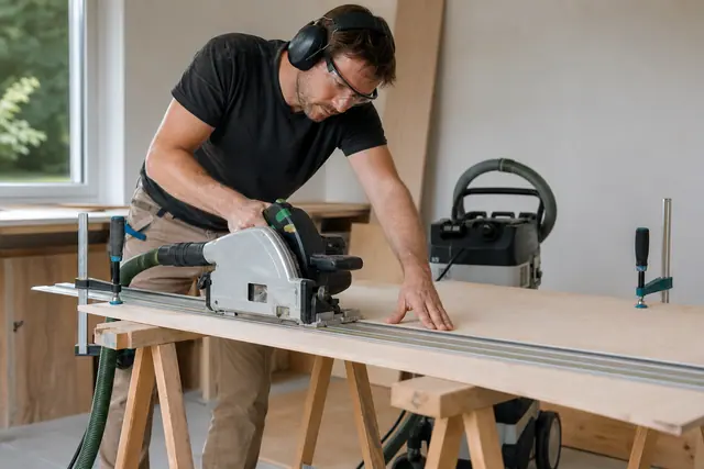 Bricoleur équipé préparant une découpe de panneau sur établi stable