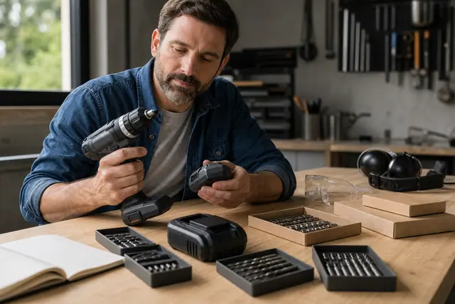 Bricoleur comparant une perceuse sans fil, batteries et accessoires sur établi.