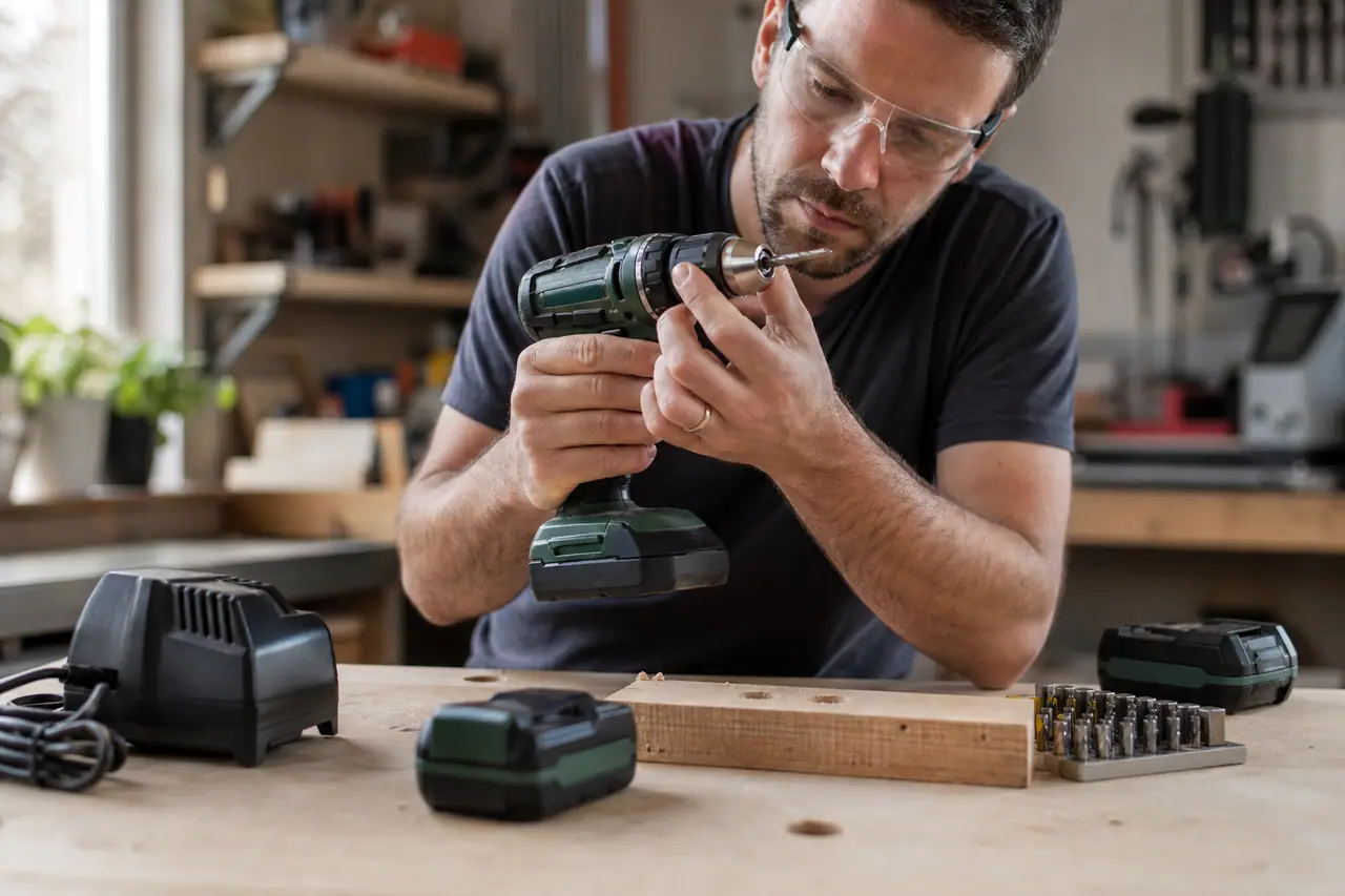 Bricoleur vérifiant une visseuse sans fil et sa batterie sur établi