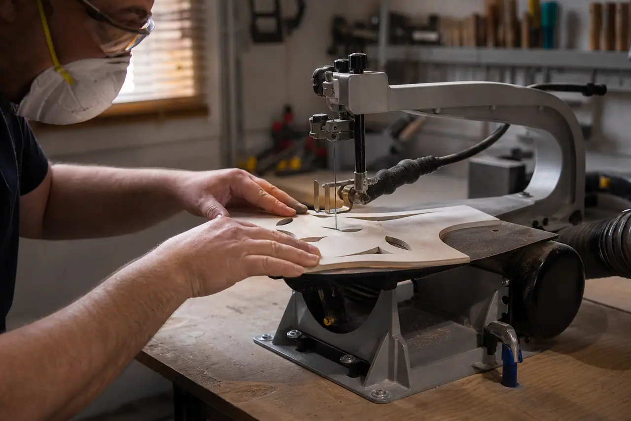 Bricoleur équipé découpant un motif ajouré dans du contreplaqué avec une scie fixe.