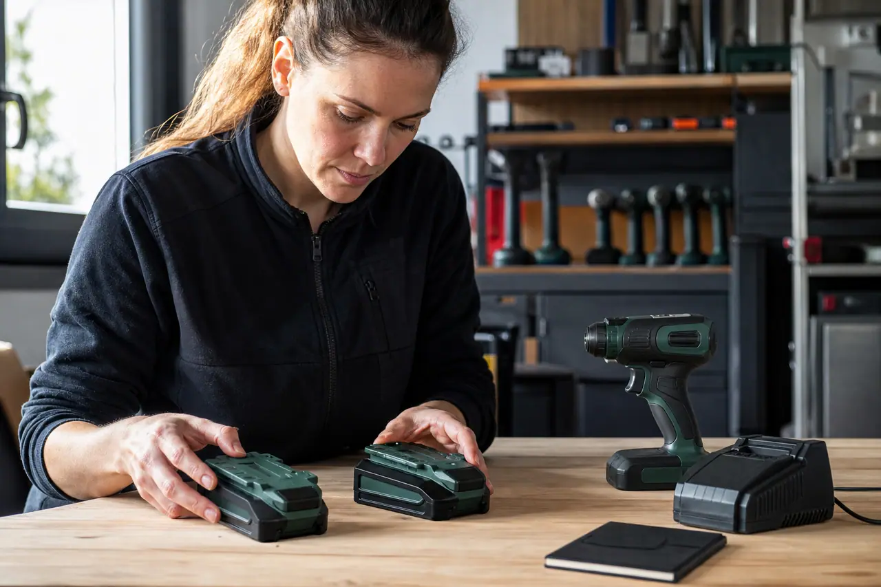 Bricoleuse comparant deux batteries et une visseuse sur un établi.