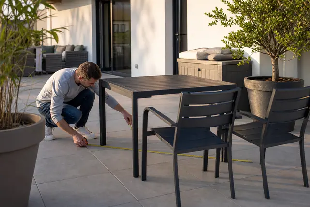 Personne mesurant une terrasse avant d’installer table et chaises de jardin.