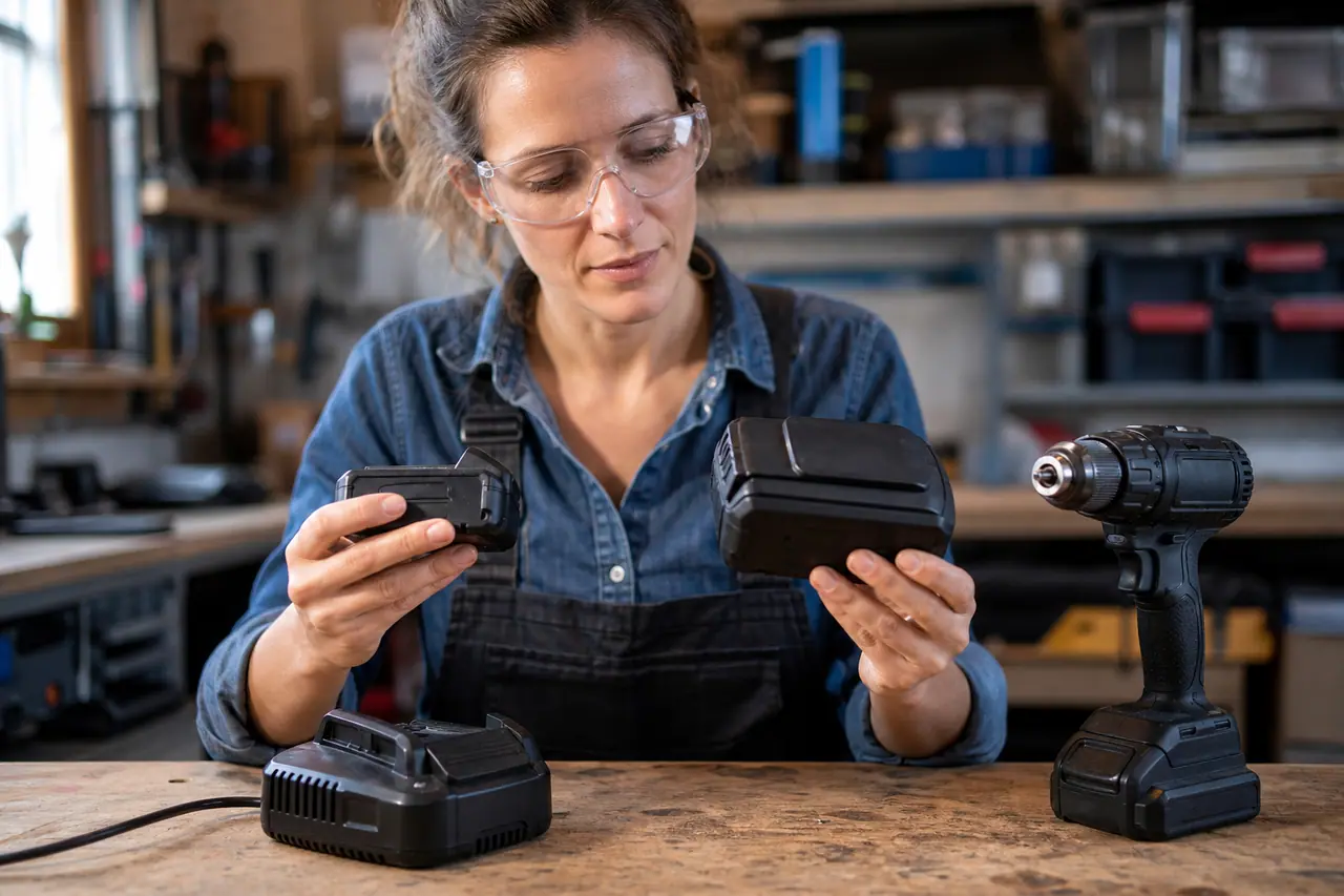 Bricoleuse comparant deux batteries et un chargeur sur un établi.