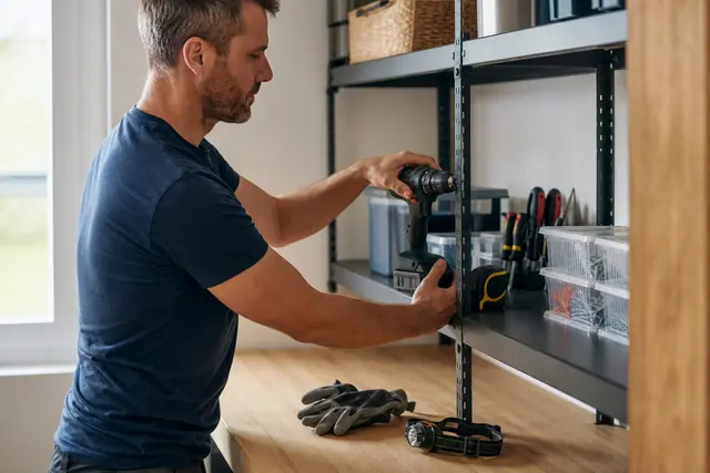 Propriétaire rangeant une perceuse et des vis dans un cellier organisé.