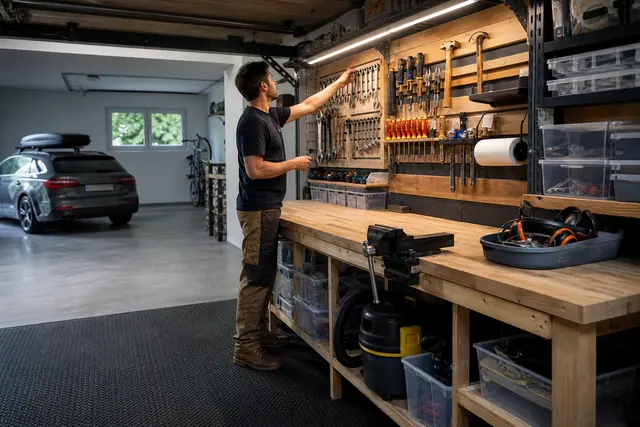 Petit atelier organisé dans un garage avec établi éclairé et rangements muraux
