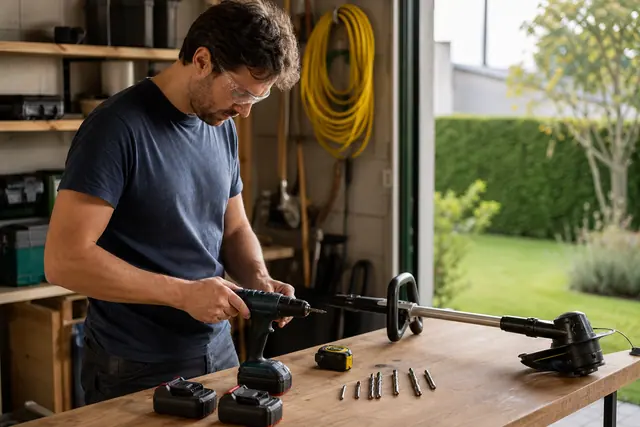 Équipement de bricolage et jardin rangé sur un établi près d’une haie.
