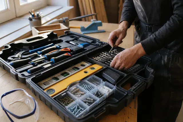 Boîte à outils ouverte avec outils manuels et fixations rangés sur établi.