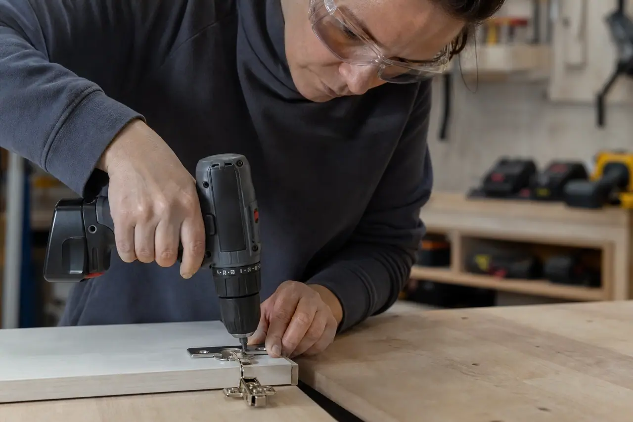 Perceuse-visseuse compacte 12 V utilisée pour fixer une charnière de meuble.