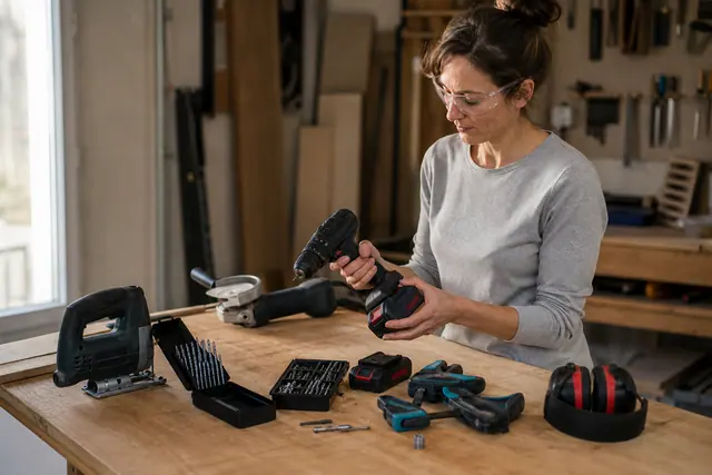 Kit d’outils sans fil organisé sur établi avec perceuse, scie et protections
