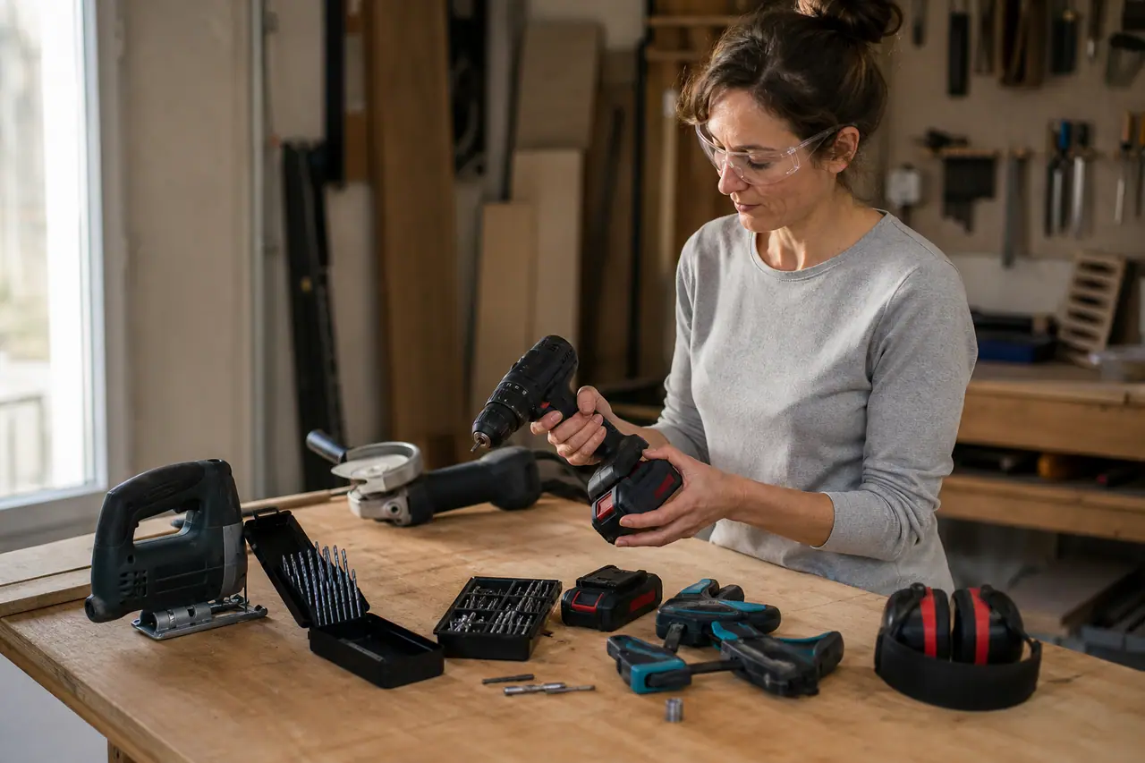 Kit d’outils sans fil organisé sur établi avec perceuse, scie et protections