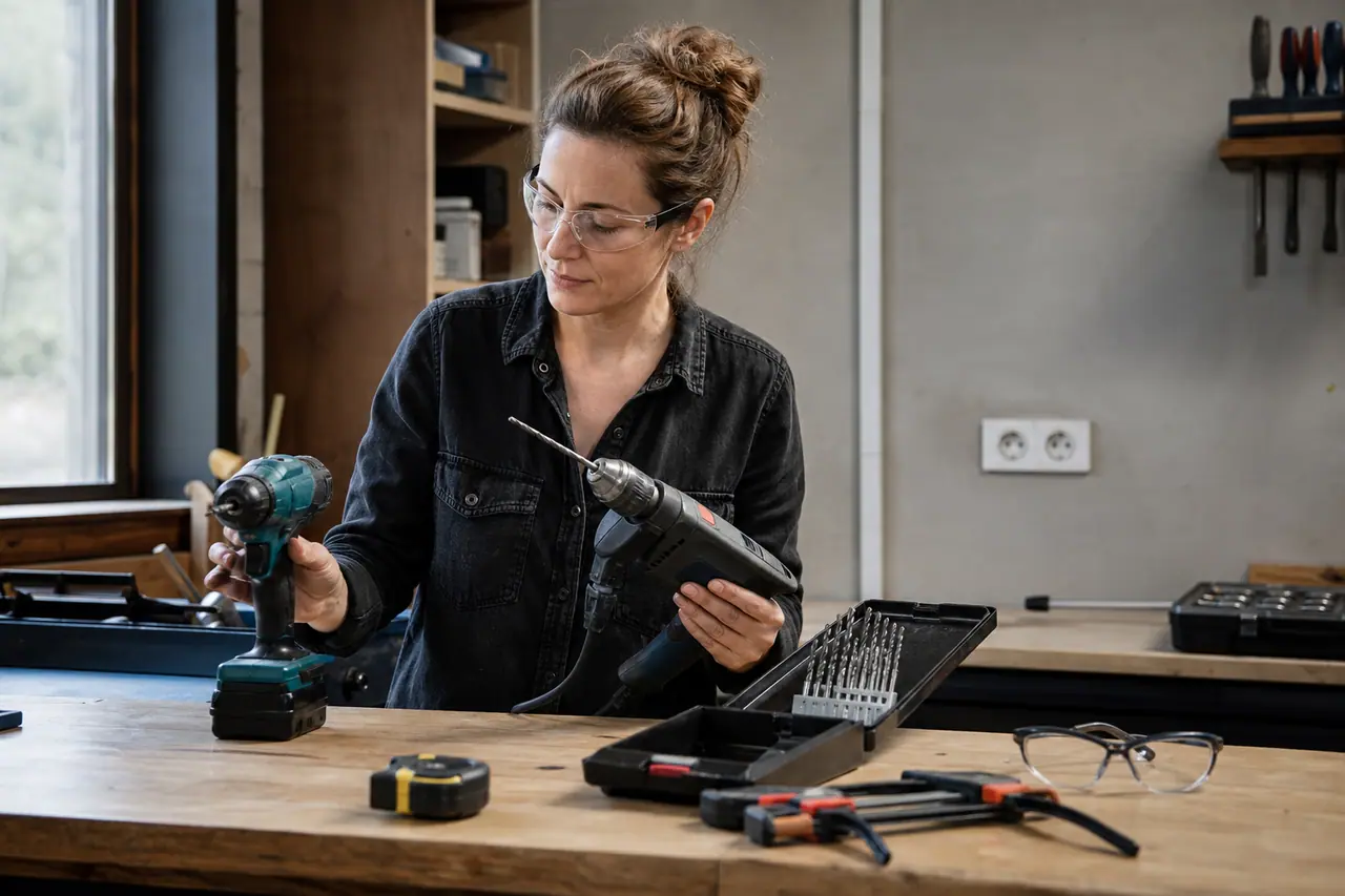Bricoleuse comparant une perceuse filaire et une visseuse sur un établi.