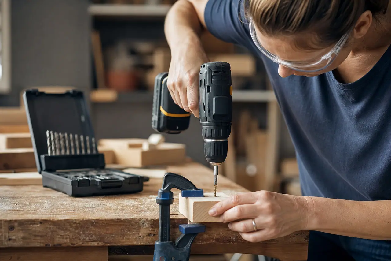 Bricoleuse équipée de lunettes utilisant une perceuse-visseuse sur une chute de pin.