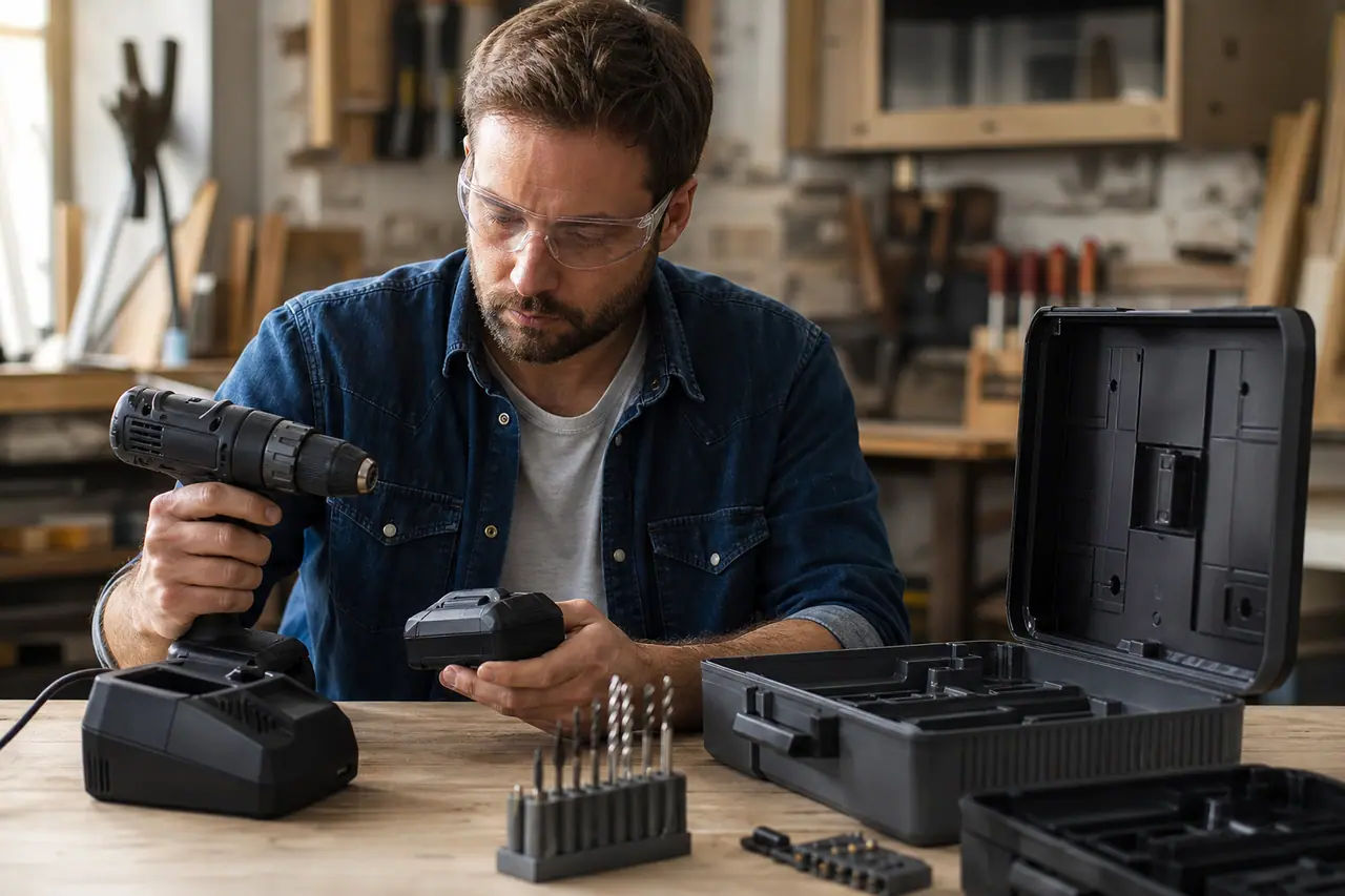 Bricoleur comparant perceuse sans fil, batteries et chargeur sur un établi