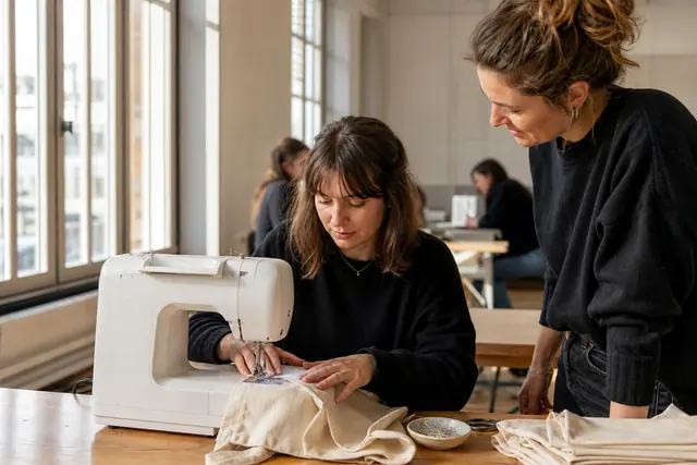 Débutante guidée par une formatrice devant une machine à coudre en atelier.