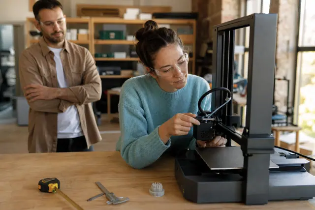 Débutante équipée de lunettes réglant une imprimante 3D dans un fablab lillois