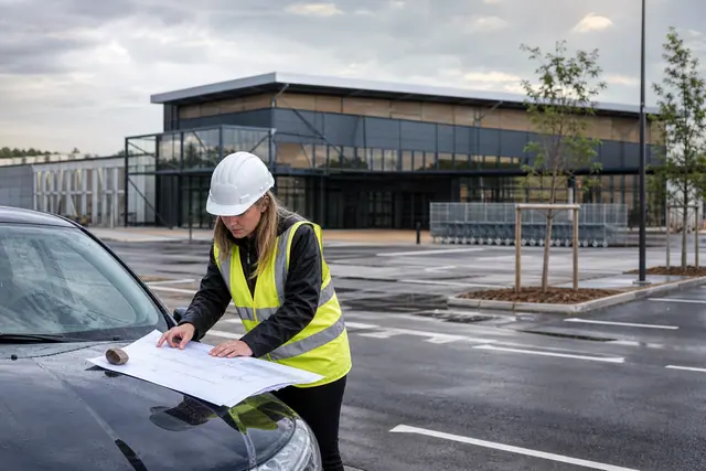 Urbaniste examinant des plans devant un magasin de bricolage fermé au public.