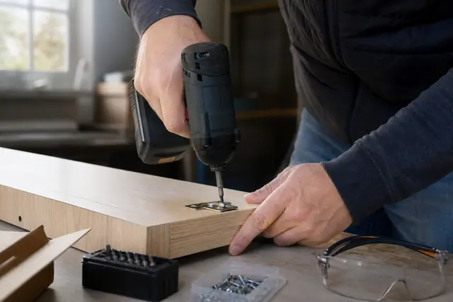 Visseuse compacte utilisée pour monter une charnière sur un meuble mélaminé.