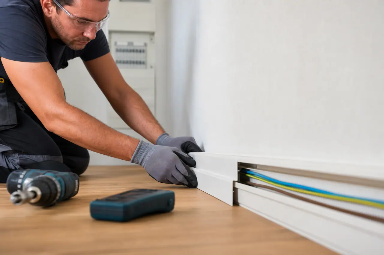 Pose d’une plinthe technique PVC avec conducteurs électriques le long d’un mur.